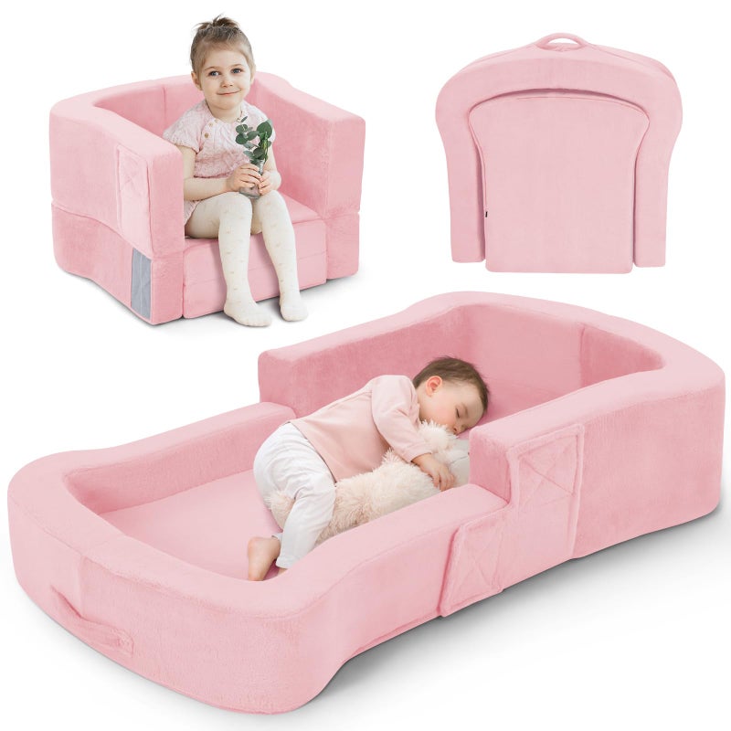 whiffee Toddler Travel Bed, 2-in-1 Foldable Portable Toddler Bed Sofa Chair, Soft Baby Kids Travel Floor Cot with Washable Covers Safety Foam Raised Bumper for Camping Hotel Sleeping (Pink) - Image 1