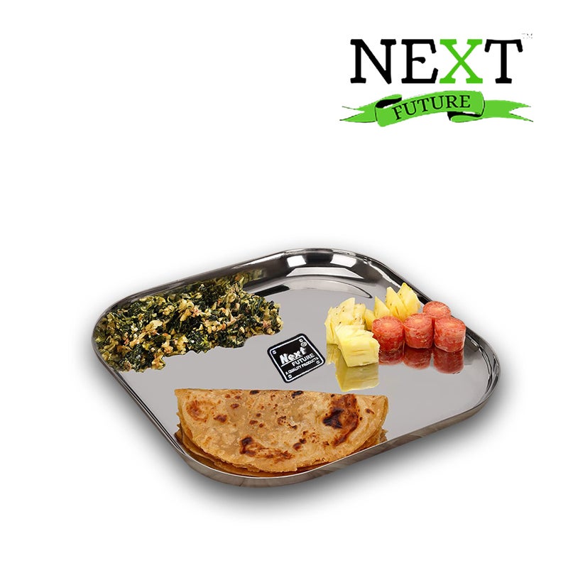 Next Future Stainless Steel Breakfast/Lunch/Dinner Plate Set of 6 with Laser Print Design (Heavy Gauge) Medium Size Square Plates - Diameter: 8 Inches/ 21 cms - Image 3