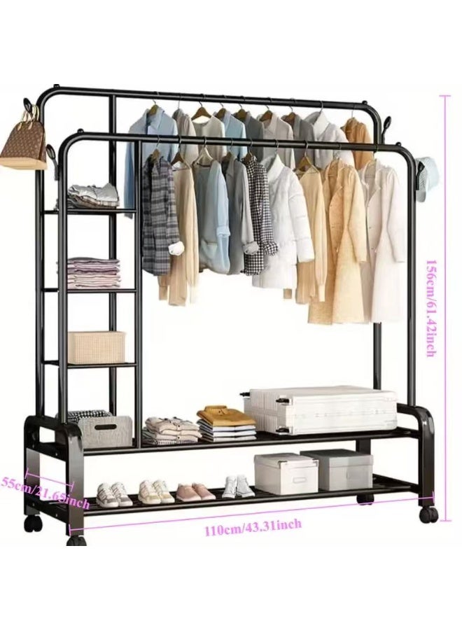 CAMELMALL Heavy Duty Black Rolling Metal Clothes Rack – with Side Storage Shelves & Wheels, 155x110x55 cm, Garment Organizer for Entryway, Balcony, or Bedroom - Image 1