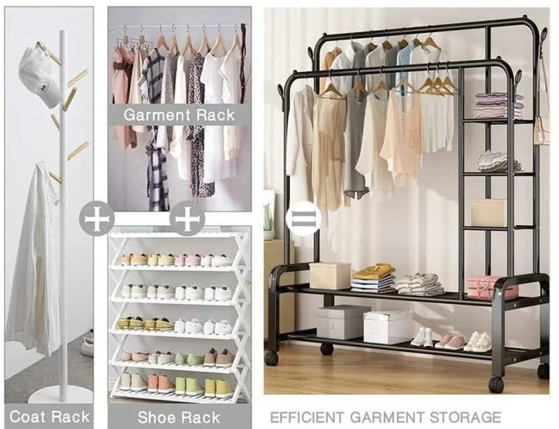 CAMELMALL Heavy Duty Black Rolling Metal Clothes Rack – with Side Storage Shelves & Wheels, 155x110x55 cm, Garment Organizer for Entryway, Balcony, or Bedroom - Image 3