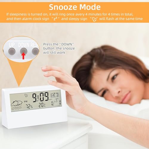 KADIO Plastic Digital Alarm Clock, Transparent LCD Display with Indoor Temperature, Humidness, Snooze, Date,Week,12/24H, Battery Operated Alarm Clock Desk Clock for Bedrooms, Living Room, White - Image 3