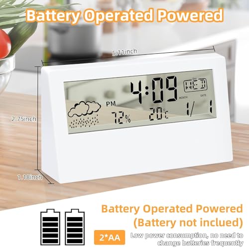 KADIO Plastic Digital Alarm Clock, Transparent LCD Display with Indoor Temperature, Humidness, Snooze, Date,Week,12/24H, Battery Operated Alarm Clock Desk Clock for Bedrooms, Living Room, White - Image 2