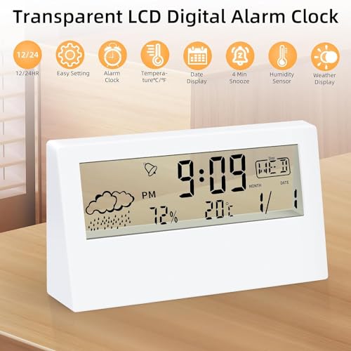KADIO Plastic Digital Alarm Clock, Transparent LCD Display with Indoor Temperature, Humidness, Snooze, Date,Week,12/24H, Battery Operated Alarm Clock Desk Clock for Bedrooms, Living Room, White - Image 5