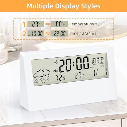 KADIO Plastic Digital Alarm Clock, Transparent LCD Display with Indoor Temperature, Humidness, Snooze, Date,Week,12/24H, Battery Operated Alarm Clock Desk Clock for Bedrooms, Living Room, White - Image 4