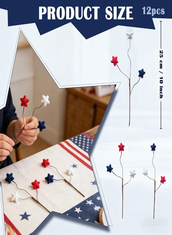 TEMPUS 12PCS 10 Inch 4th of July Star Picks, Patriotic Flocked Artificial Berry Stems, Memorial Day Independence Day Decor for Vase Centerpiece Mantel Wreath DIY Party Decorations - Image 2