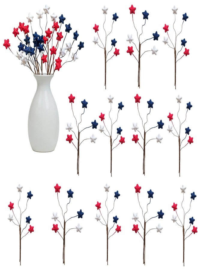 TEMPUS 12PCS 10 Inch 4th of July Star Picks, Patriotic Flocked Artificial Berry Stems, Memorial Day Independence Day Decor for Vase Centerpiece Mantel Wreath DIY Party Decorations - Image 1