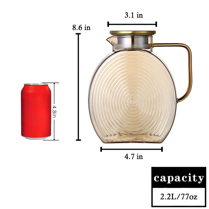 AEFPOYMXU 77oz Large Glass Water Pitcher with Gold Lid for Fridge Wide Handle Coffee Carafe for Party Water Jug Lemonade Iced Tea Jug Juice Sun Tea Jar for Drinks 2.2L - Image 4
