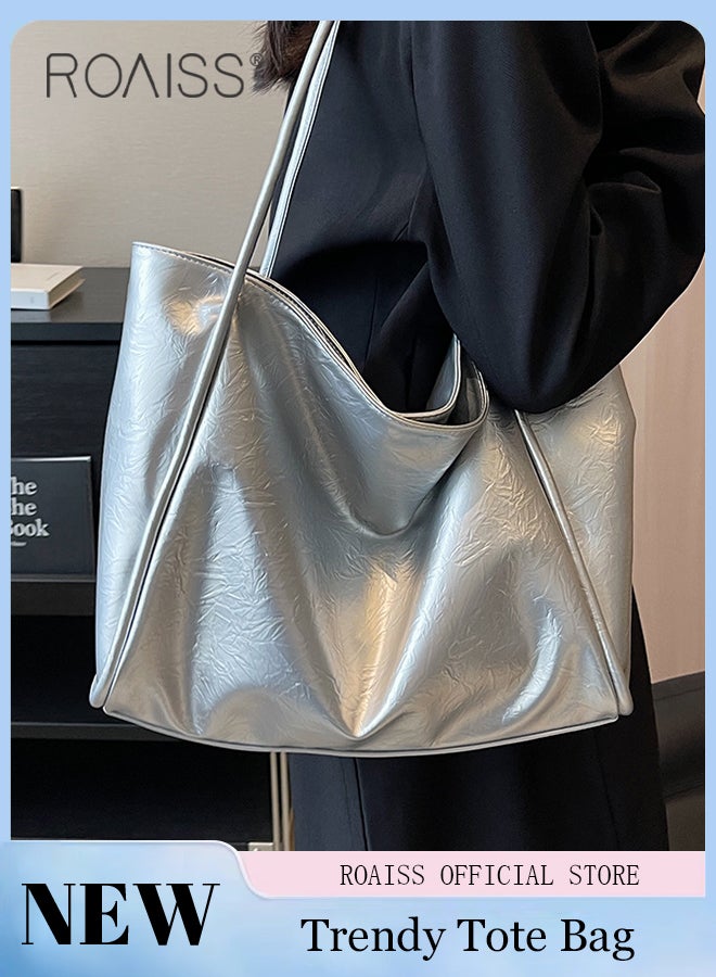 roaiss Large Capacity Tote Bag for Women PU Leather Exquisite Sewing Thread Shoulder Bag Ladies Simple Stylish Handbag with Hardware Suction Buckle and Internal Patch Pocket  - Image 1