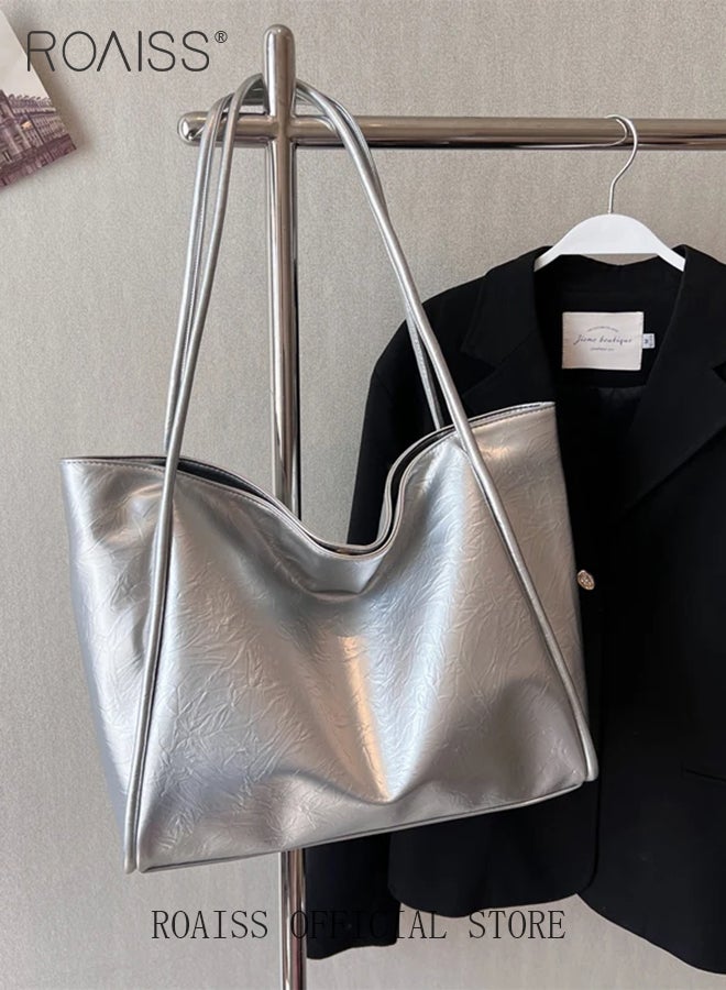 roaiss Large Capacity Tote Bag for Women PU Leather Exquisite Sewing Thread Shoulder Bag Ladies Simple Stylish Handbag with Hardware Suction Buckle and Internal Patch Pocket  - Image 3