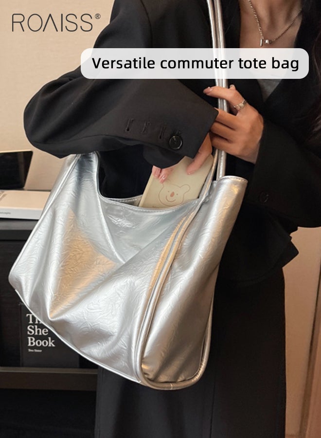 roaiss Large Capacity Tote Bag for Women PU Leather Exquisite Sewing Thread Shoulder Bag Ladies Simple Stylish Handbag with Hardware Suction Buckle and Internal Patch Pocket  - Image 4
