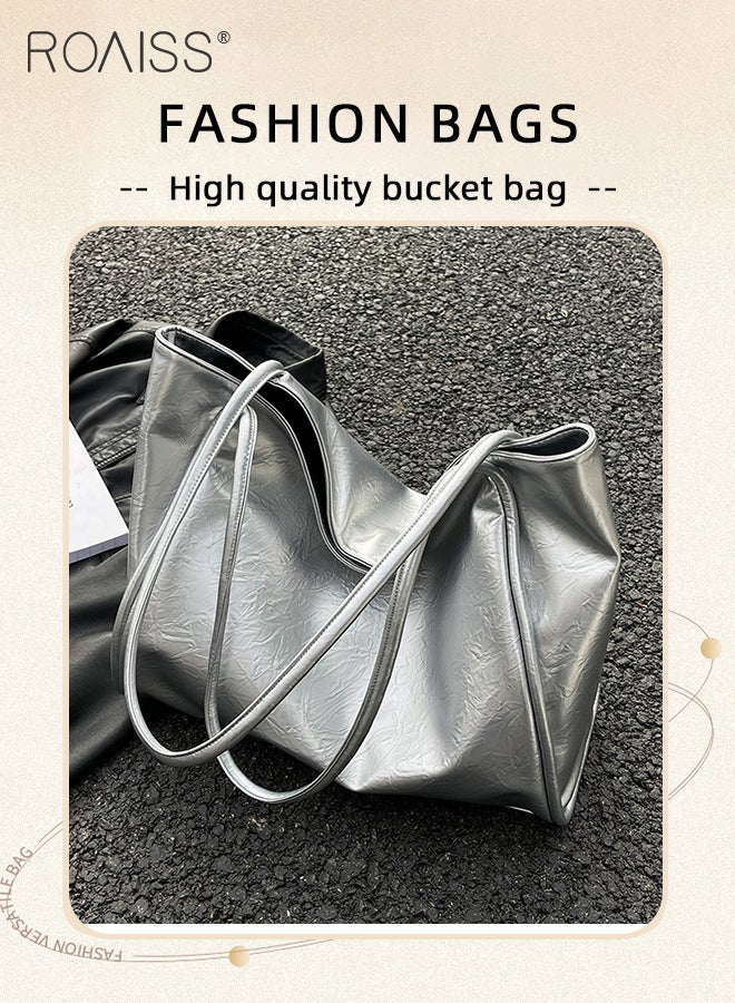 roaiss Large Capacity Tote Bag for Women PU Leather Exquisite Sewing Thread Shoulder Bag Ladies Simple Stylish Handbag with Hardware Suction Buckle and Internal Patch Pocket  - Image 2