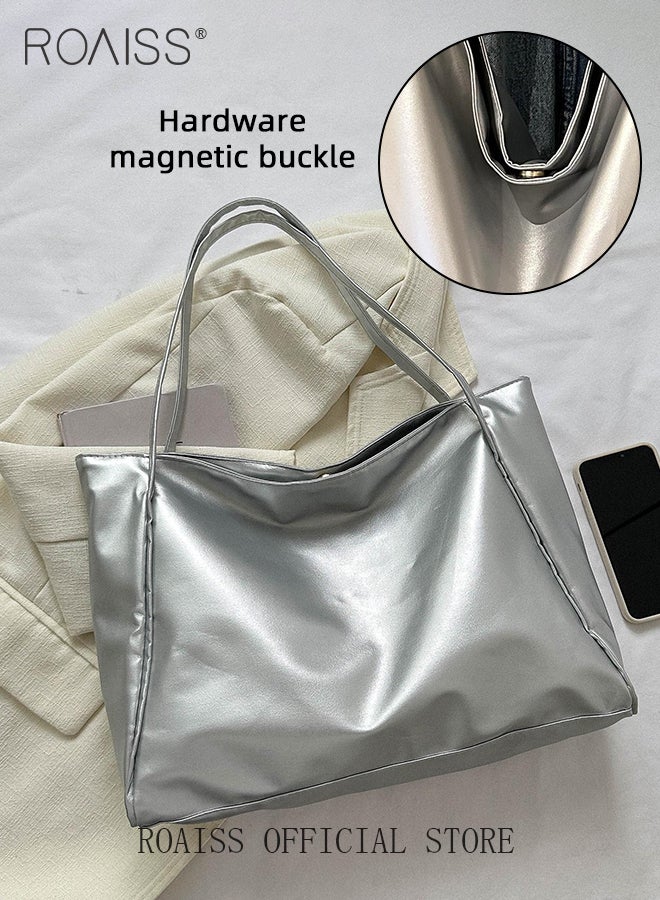 roaiss Large Capacity Tote Bag for Women PU Leather Exquisite Sewing Thread Shoulder Bag Ladies Simple Stylish Handbag with Hardware Suction Buckle and Internal Patch Pocket  - Image 5