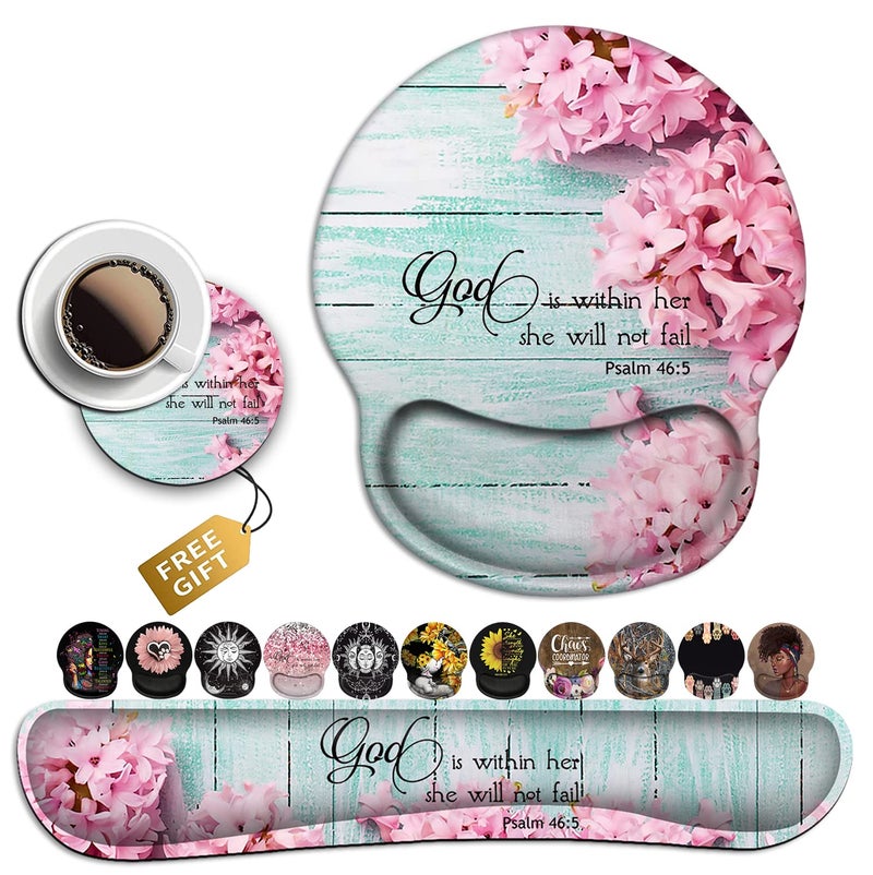 JVGFYNKL Mouse Pad with Wrist Support, Ergonomic Gel Mouse Pad Beautiful Flowers,Pink Hyacinths on Wood Panelï¼ŒNon-Slip Durable, Memory Foam Keyboard Wrist Rest, Suitable for Office Typing Games - Image 1
