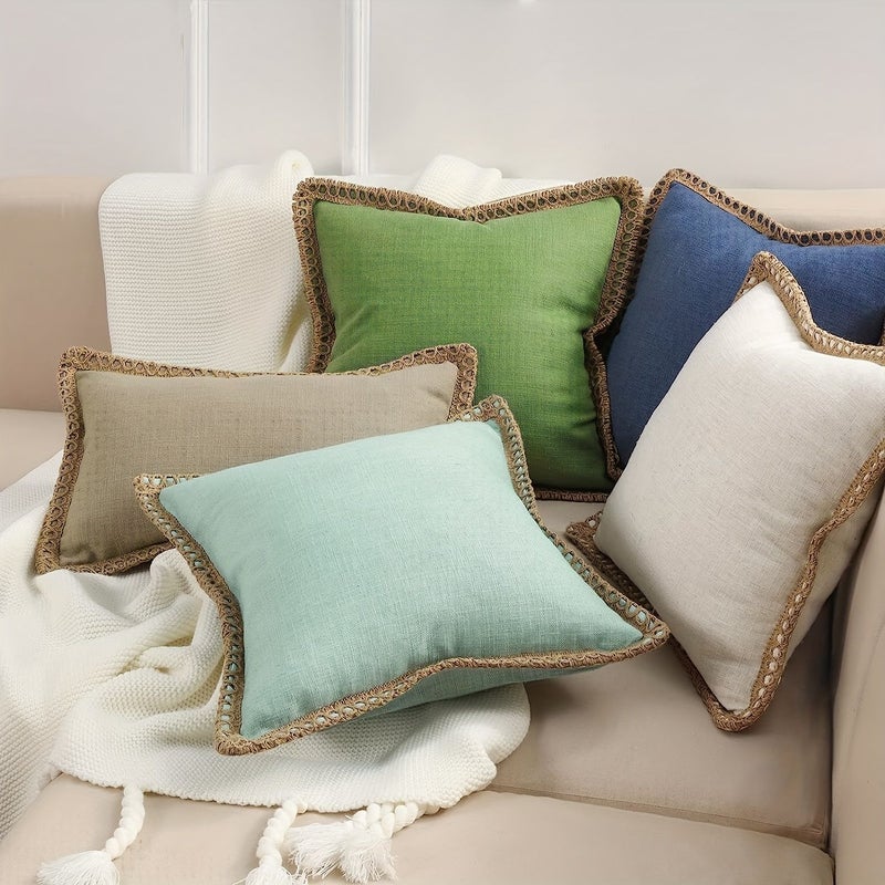 1 Piece Avocado Green Solid Color Flax Like Trimmed Throw Pillowcase Bohemian Style Home Decor Bedding Living Room Bedroom Simple Comfort Thanksgiving Christmas Decoration 18 X 18 Inch - Image 2