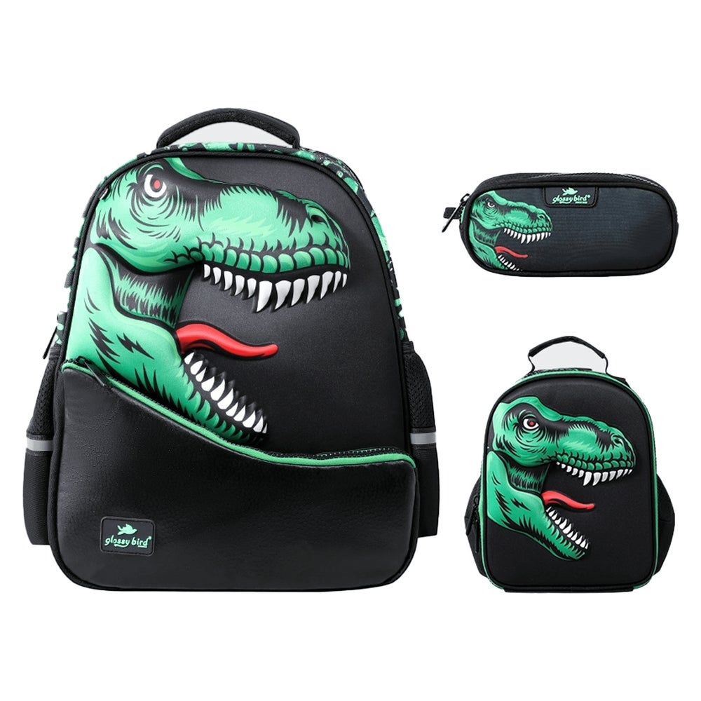 Green Dinosaur Roaring School Backpack 17 Inch with 2 Small Bags - GB39945