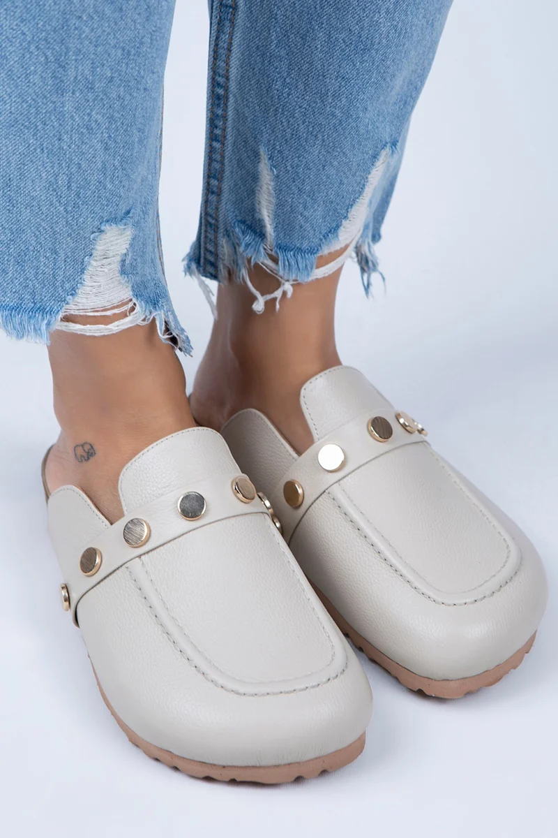 Manijero Manijero Bonita Women's Genuine Leather Studded Beige - Gold Slippers