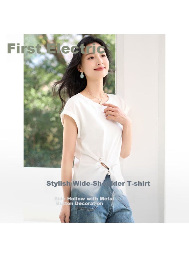 First Application Chushen Summer Short Sleeve T-shirt Women's Fashion Round Neck Hollow Out Waist Twist Design Sense Top S52t051 - Image 2