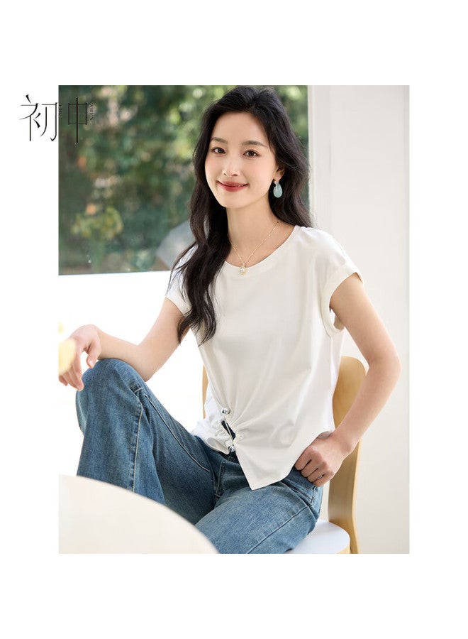 First Application Chushen Summer Short Sleeve T-shirt Women's Fashion Round Neck Hollow Out Waist Twist Design Sense Top S52t051 - Image 1
