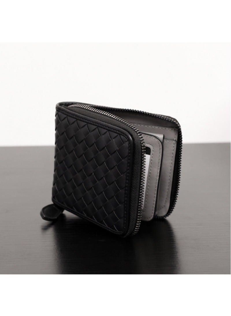 New Men's Wallet Short Horizontal Casual ID Wallet Multifunctional Braided Small Wallet Black  - Image 2