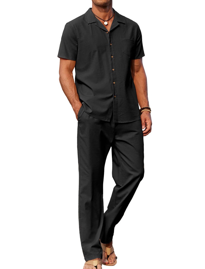 COOFANDY Men Linen Sets 2 Pieces Beach Short Sleeve Shirt Yoga Pant Big and Tall - Image 1