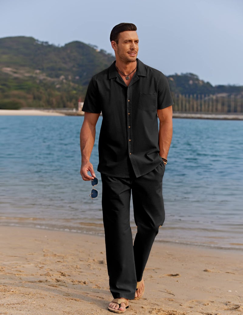 COOFANDY Men Linen Sets 2 Pieces Beach Short Sleeve Shirt Yoga Pant Big and Tall - Image 3
