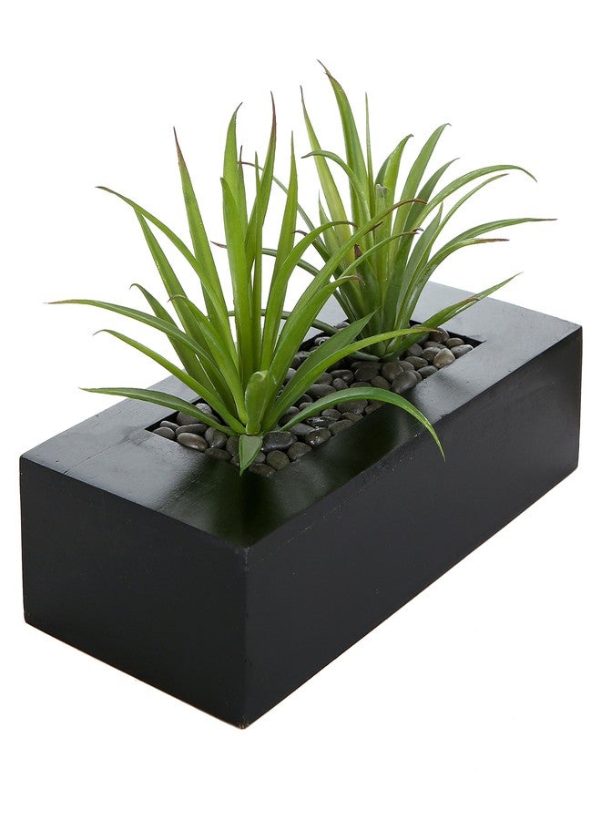 MyGift 10 Inch Artificial Green Grass Plants in Black Wood Decorative Planter Pot - Faux Greenery in Rectangular Wooden Container for Tabletop Centerpiece Décor - Image 1