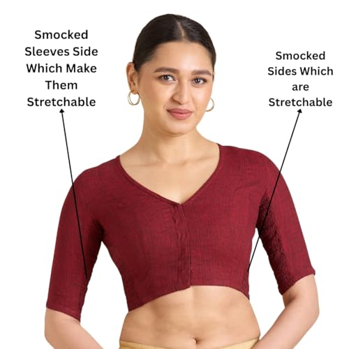 Studio Shringaar Women's Madras Handloom Cotton Side Stretchable (Smocked) Readymade Saree Blouse (Maroon, 46) - Image 2