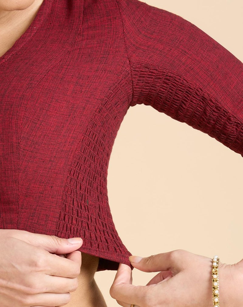 Studio Shringaar Women's Madras Handloom Cotton Side Stretchable (Smocked) Readymade Saree Blouse (Maroon, 46) - Image 5