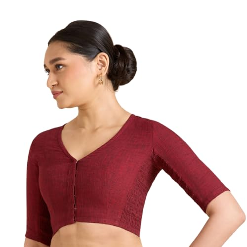 Studio Shringaar Women's Madras Handloom Cotton Side Stretchable (Smocked) Readymade Saree Blouse (Maroon, 46) - Image 1