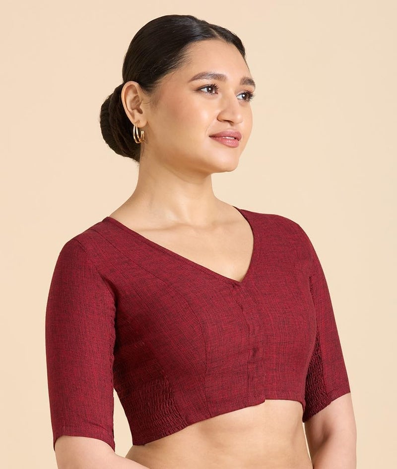 Studio Shringaar Women's Madras Handloom Cotton Side Stretchable (Smocked) Readymade Saree Blouse (Maroon, 46) - Image 3