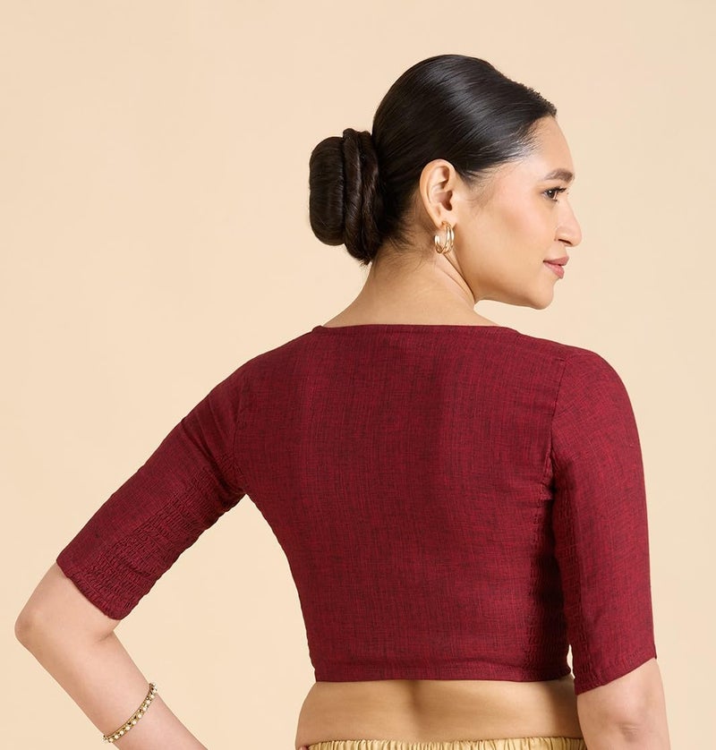 Studio Shringaar Women's Madras Handloom Cotton Side Stretchable (Smocked) Readymade Saree Blouse (Maroon, 46) - Image 4