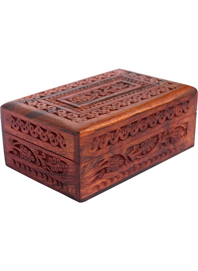 QUESERA Handmade Wooden Keepsake Storage Case Jewelry Box Jewel Organizer Floral Hand Carvings with Brass Inlay Gifts for Women - Image 1