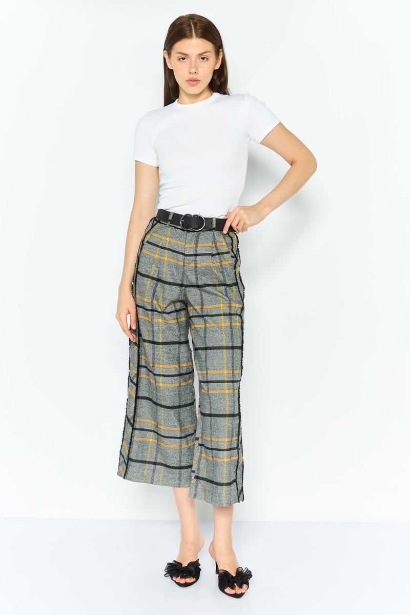 ONLY Women Checkered Wide Leg Palazzo Pants, Grey Combo  - Image 4