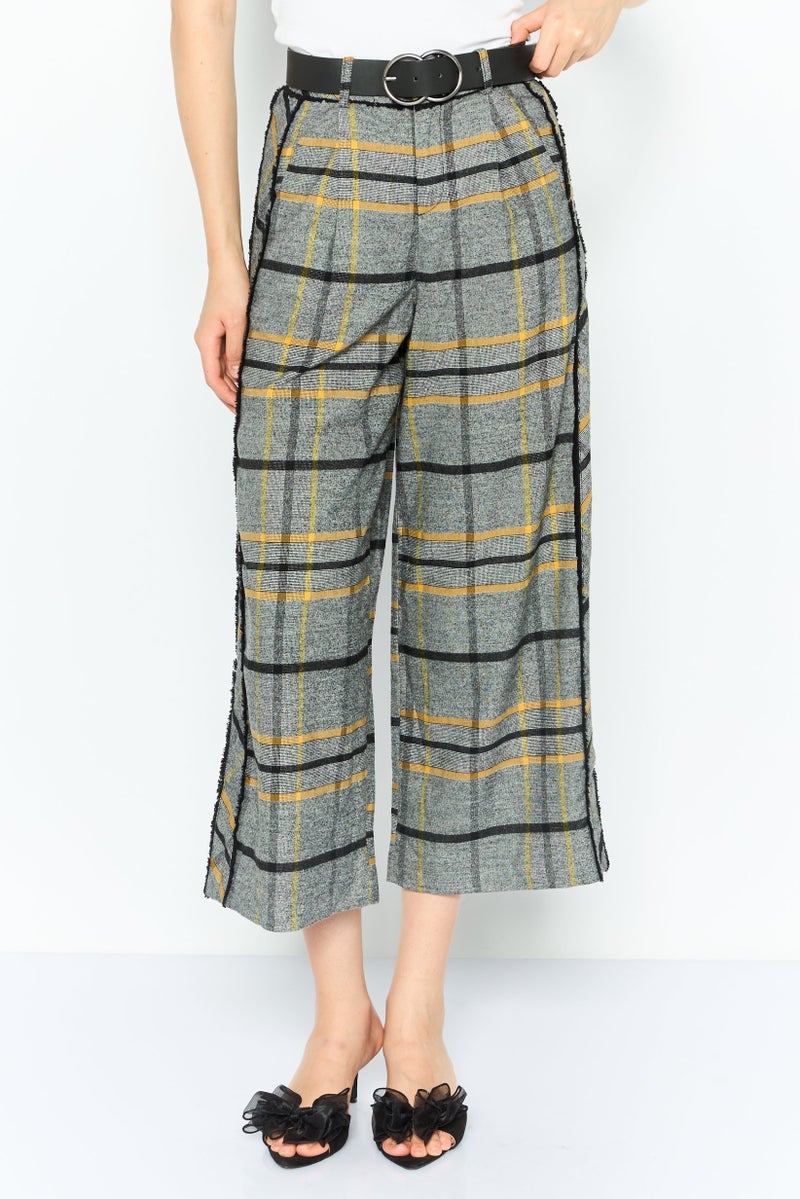 ONLY Women Checkered Wide Leg Palazzo Pants, Grey Combo  - Image 1