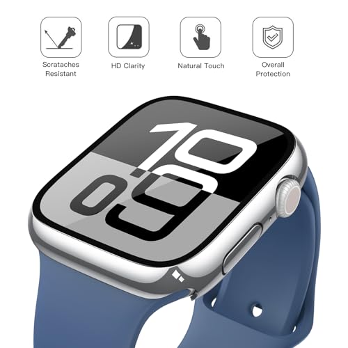 Misxi 2 Pack Tempered Glass Case Compatible for Apple Watch Series 11 (2025) Series 10 42mm, Hard PC Screen Protector Overall Protection Scratch-Resistant Cover for iWatch, 1 Silver + 1 Transparent - Image 3