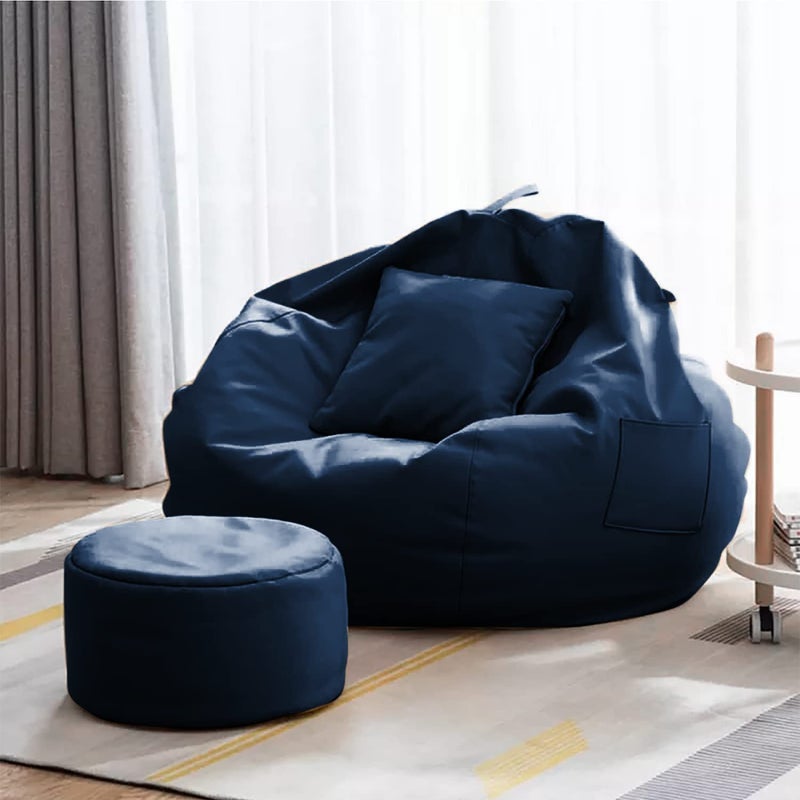 Gold Gold Premium Faux Leather Bean Bag Bean Bag Cover with Free Footrest and Cushion 3XL Navy Blue  - Image 1