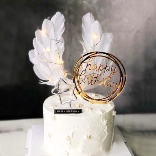 E-ASUM 2Pcs Angel Wing Feather Cake Topper White Feather Cake Decor for Anniversary Birthday Party Wedding Baby Shower (white) - Image 2