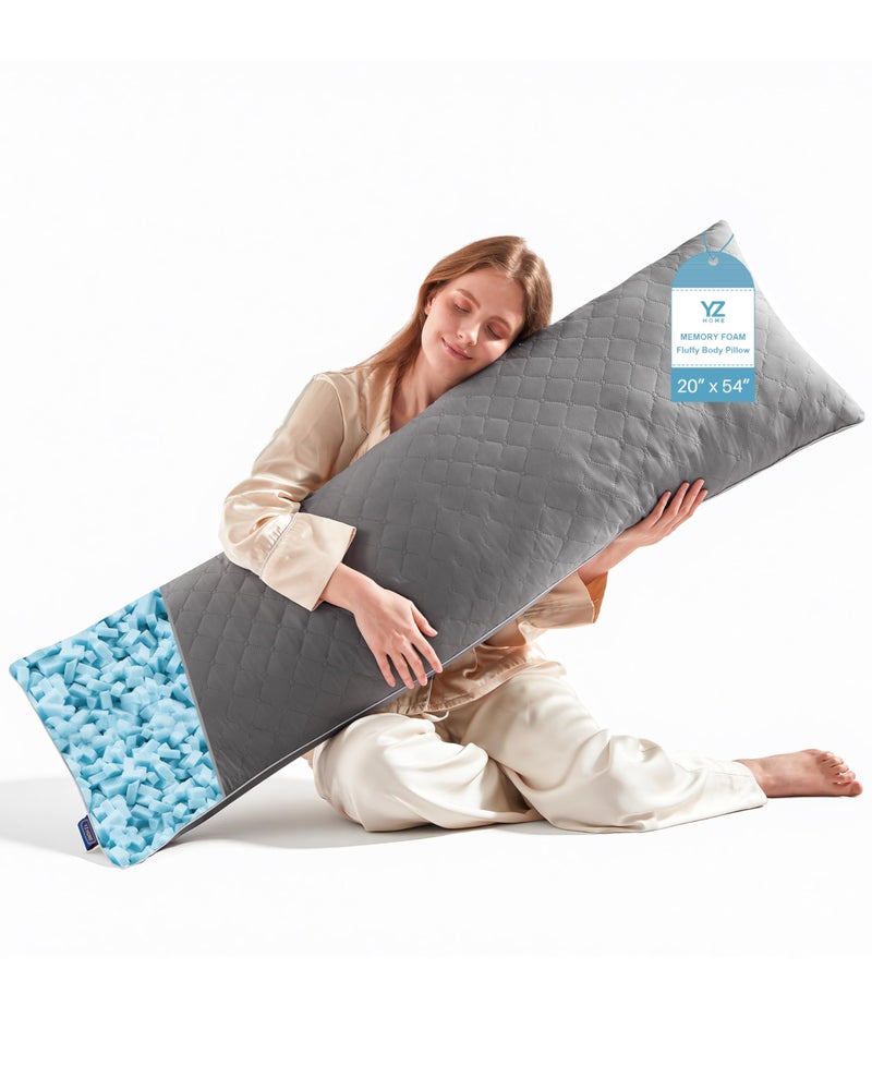 YZ HOME Long Body Pillow for Adults - Firm Body Pillow Insert with Shredded White Memory Foam, Adjustable Height, Soft Support for Side Sleeping, Pregnant Women, Washable (Grey, 20x54 Inch) - Image 1