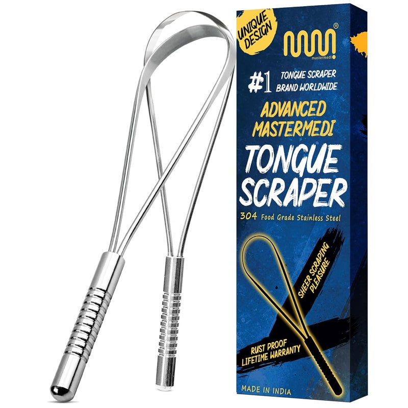 MasterMedi Tongue Scraper for Adults, 100% Stainless Steel Tongue Scrubber for Bad Breath, Easy to Use, Tongue Cleaner for Oral Care & Hygiene (SS Uni|Pack of 2) - Image 1