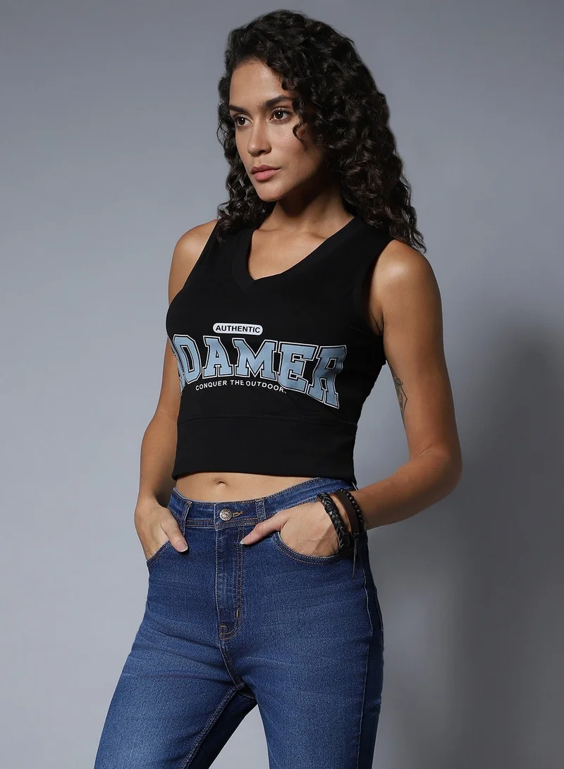 HIGH STAR Black Crop Top for Women, V-Neck, Sleeveless, High Rise, Cotton Fabric for Women | Best Price UAE