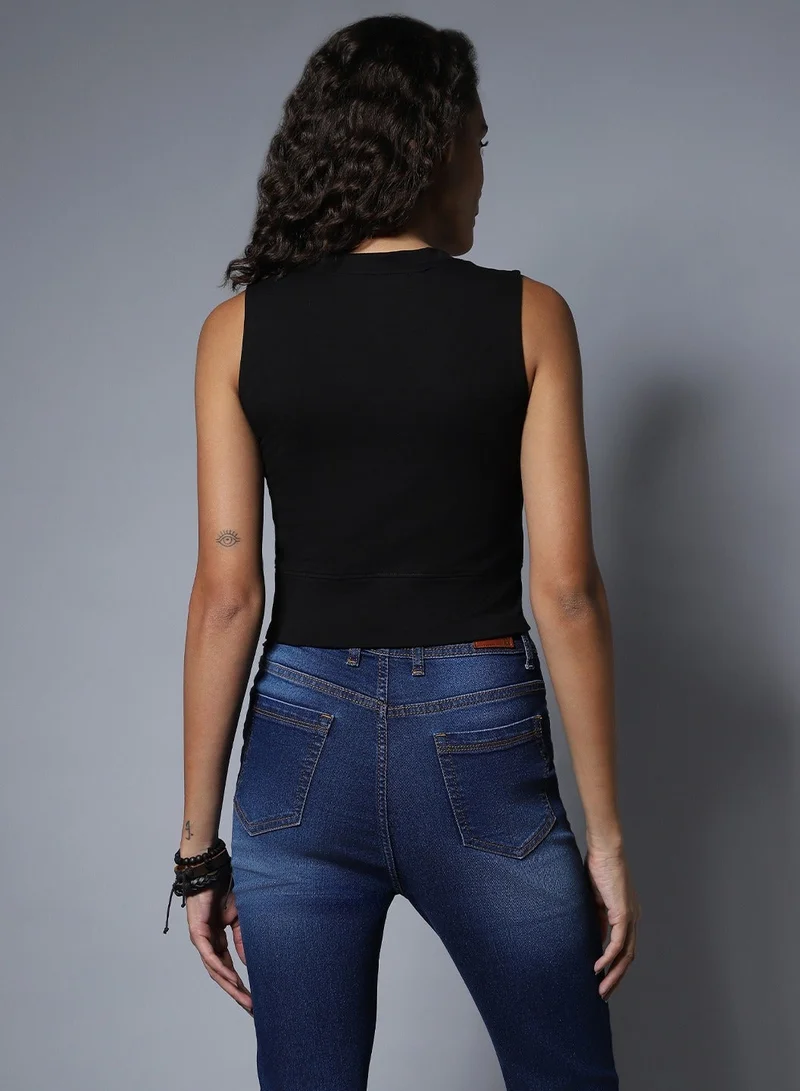 HIGH STAR Black Crop Top for Women, V-Neck, Sleeveless, High Rise, Cotton Fabric for Women | Best Price UAE