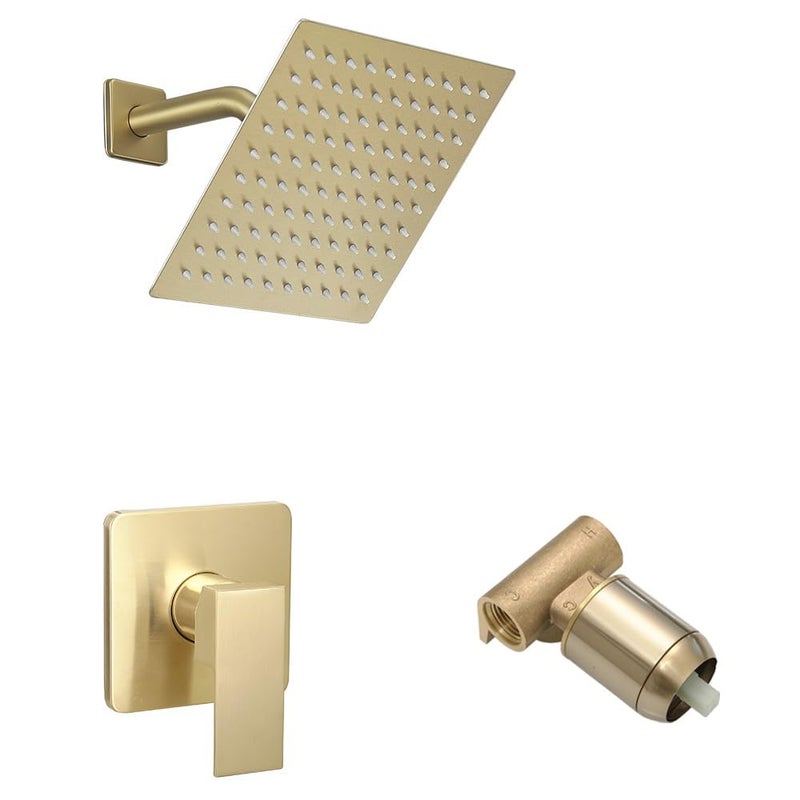 Heable Shower Faucet Set Brushed Gold Bathroom Rainfall Shower System with Stainless Steel Rain Shower Head Single Function Shower Trim Kit with Roughin Valve