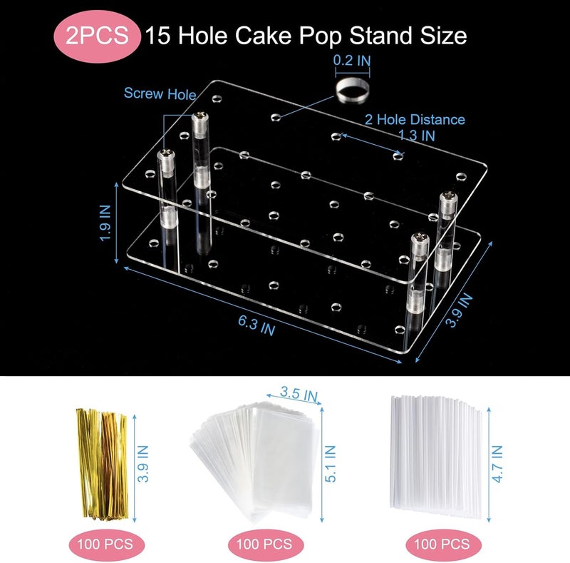 HENABLE 2 Pack Cake Pop Stand with Sticks & Wrappers, 15 Holes Acrylic Cake Pops Holder Disply, Clear Cake Pops Sticks Kit, Lollipop Hold Stand for Drying, Dessert Table, Party Supplies - Image 2