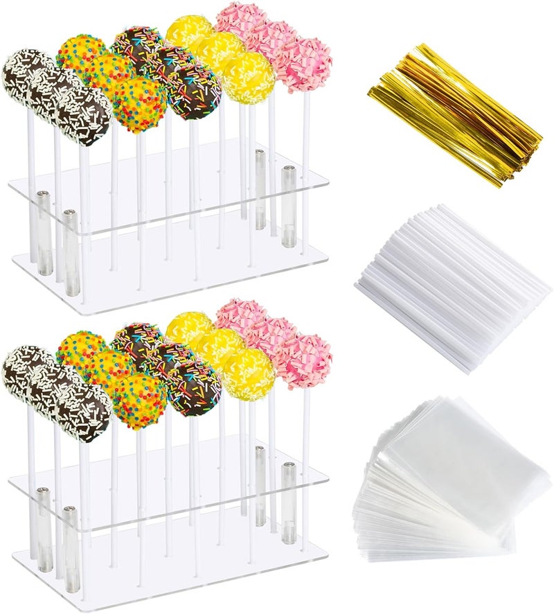 HENABLE 2 Pack Cake Pop Stand with Sticks & Wrappers, 15 Holes Acrylic Cake Pops Holder Disply, Clear Cake Pops Sticks Kit, Lollipop Hold Stand for Drying, Dessert Table, Party Supplies - Image 1