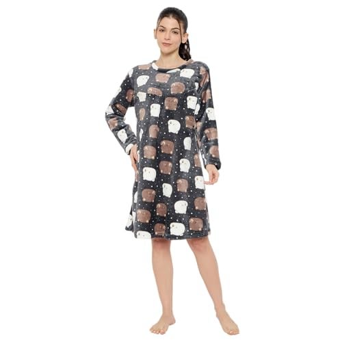 CAMEY Women Winter Long Sleeve Printed Woolen Nighty (Black, M) - Image 1