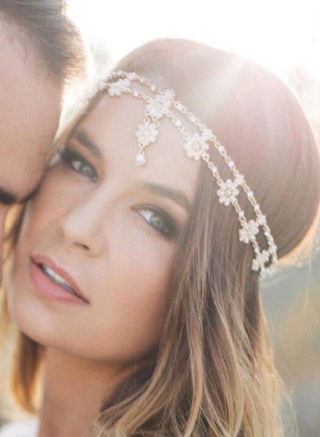 Chargances Bridal Women Flower Vintage Bohemian Headbands Head Chain Crystal Halloween Headpiece Wedding Hair Jewelry(gold) - Image 2