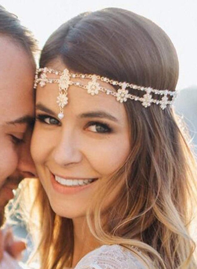 Chargances Bridal Women Flower Vintage Bohemian Headbands Head Chain Crystal Halloween Headpiece Wedding Hair Jewelry(gold) - Image 1