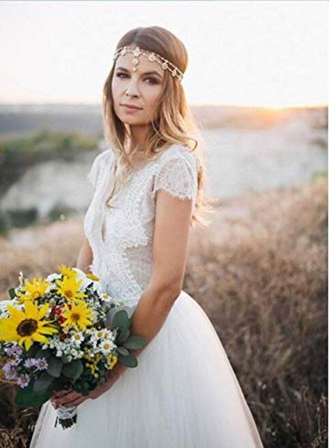 Chargances Bridal Women Flower Vintage Bohemian Headbands Head Chain Crystal Halloween Headpiece Wedding Hair Jewelry(gold) - Image 4
