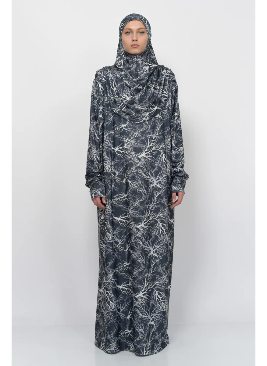 التوبة Practical One Piece Tree Patterned Sleeves Removable Headscarf Lycra Hijab Prayer Dress 990-0708