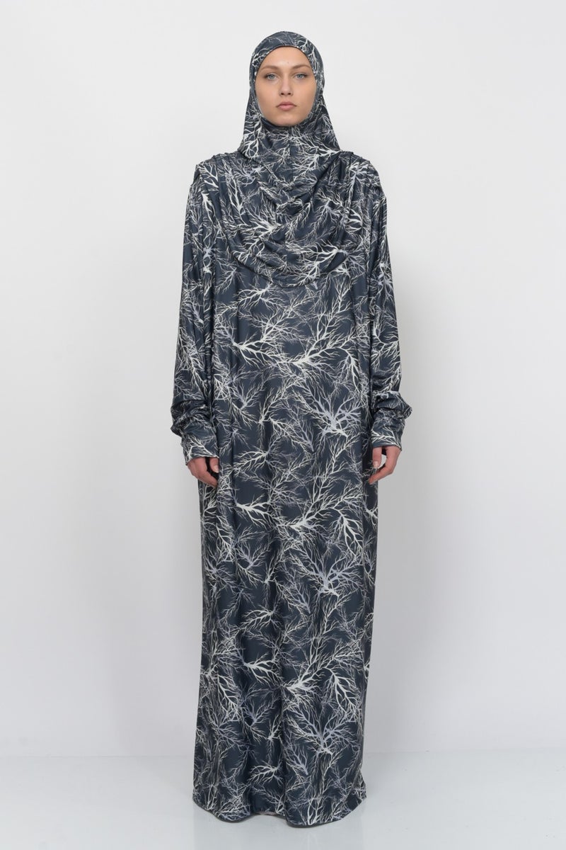 Altobeh Practical One Piece Tree Patterned Sleeves Removable Headscarf Lycra Hijab Prayer Dress 990-0708  - Image 3